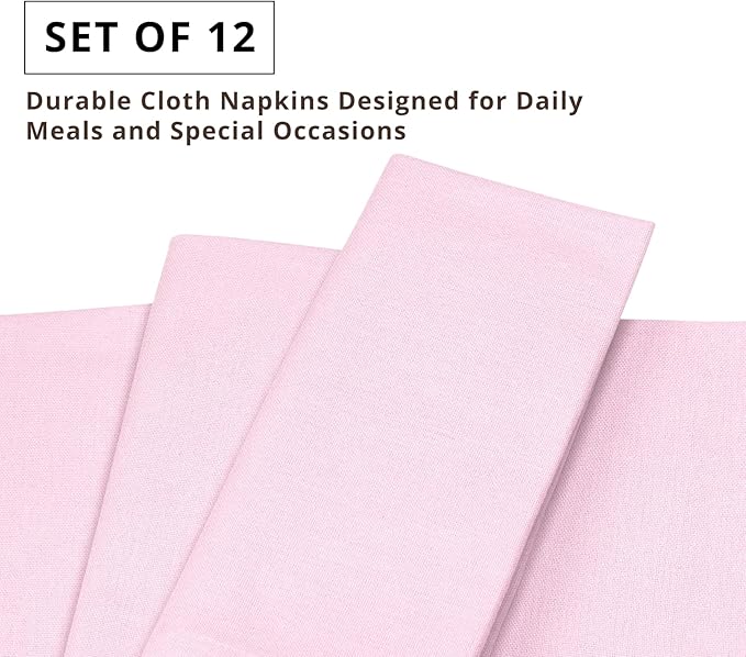 PurpleEssences Set of 12 Cloth Dinner Napkins 100% Cotton 18x18 Inch - Soft Durable Washable - Ideal for Farmhouse Party Spring Easter Summer - Perfect Everyday Use Table Linen - Blush Pink