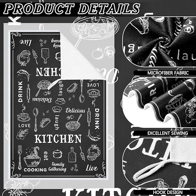 Bencailor 12 Pcs Farmhouse Kitchen Decor and Accessories Sets 4 Black and White Kitchen Towels 4 Absorbent Dishcloths 2 Pot Holders 2 Oven Mitts Gloves for Home Decor Mom Gifts