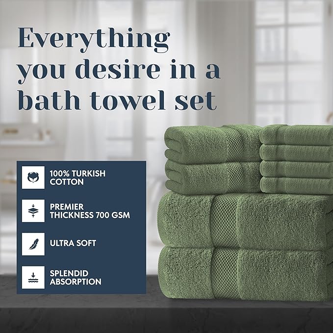 White Classic Luxury Bath Towel Set of 8 Pieces - 100% Turkish Cotton Highly Absorbent Towels for Bathroom, 2 Luxury Bath Towels 700GSM, 2 Hand Towels, 4 Washcloths, Sage Green