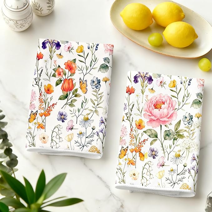 2Pcs Floral Kitchen Towels-16×24in Spring Dish Towels, Super Absorbent & Quick Dry Flower Decor Hand Towels for Spring Summer Home Decor Easter Mother‘s Day Gifts