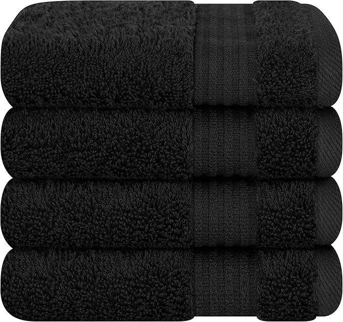 Cotton Paradise 100% Cotton Turkish Washcloth Set for Bathroom, 4 Piece Soft Absorbent Small Towels Wash Rags, Black