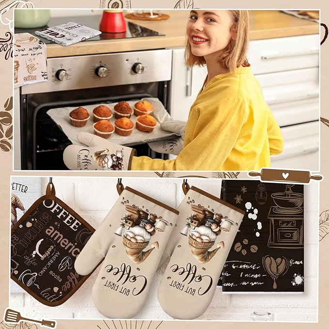 Fourluoo 8 Pcs Farmhouse Kitchen Decor and Accessories Set 4 Kitchen Dish Towels 2 Oven Mitt 2 Pot Holders for Christmas Cooking Baking Daughter Mom Gift Decor (Brown,Gnome)