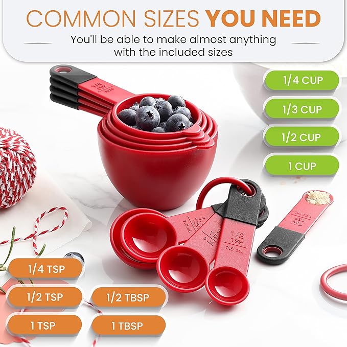 Spring Chef Red Magnetic Measuring Cups and Spoons Set of 9, Stackable Plastic Kitchen Gadget with Easy to Read Markings - Measure Dry or Liquid Ingredients for Baking & Cooking, BPA Free
