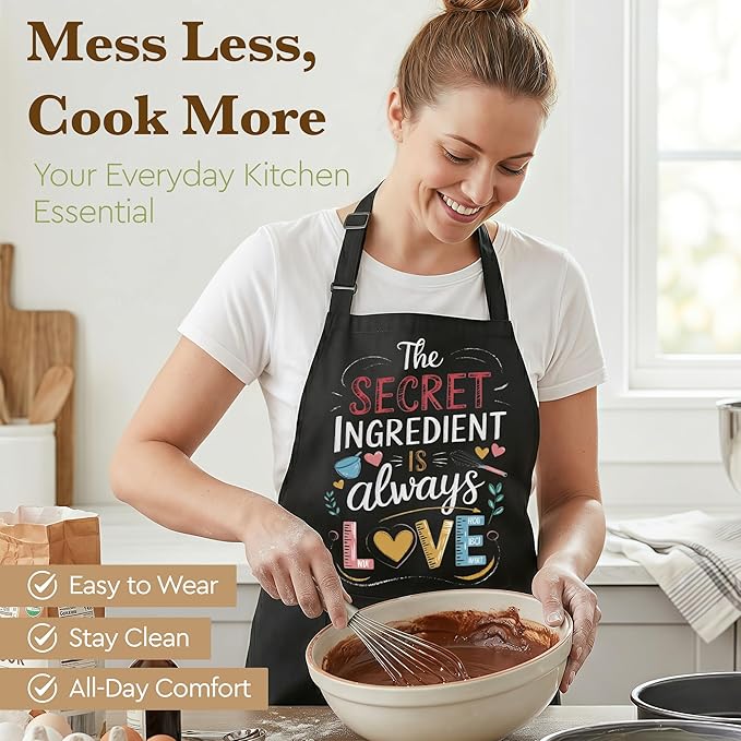 Baking Apron for Women Funny Cooking Apron, The Secret Ingredient Is Always Love Apron, Gift for Mom Wife Grandma, Kitchen Apron with 2 Pockets Adjustable,Kitchen Gift for Mother's Day, Birthday