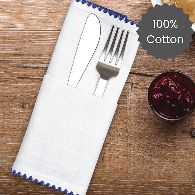 Cotton Clinic Cloth Napkins with Trim - Everyday Use Table Dinner Napkins - Soft Durable Washable - Ideal for Dinner Party Wedding Christmas Easter - Set of 12-20x20 inches Navy Blue White Napkins