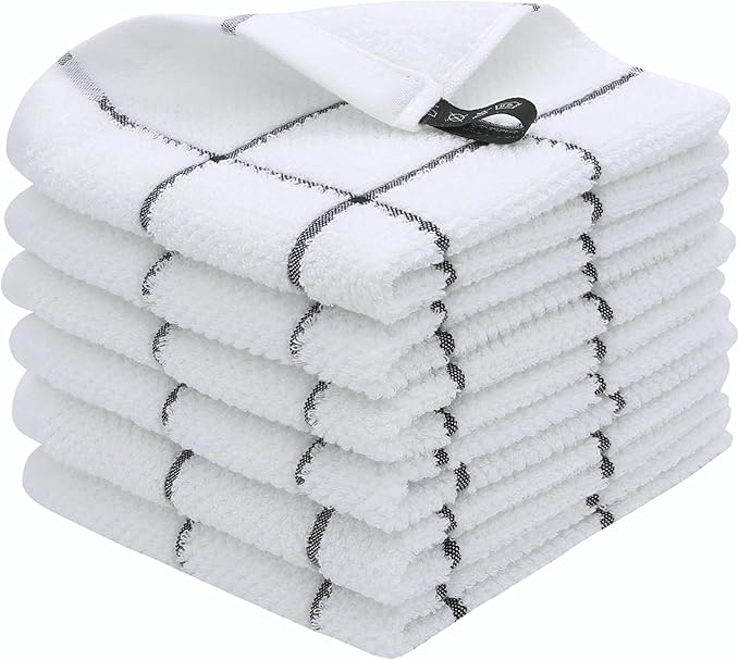 Cotton Terry Kitchen Dish Cloths, Soft Absorbent Tidy Kitchen Dish Towels (Black Grid, Dish Cloths 13 x 13 in)
