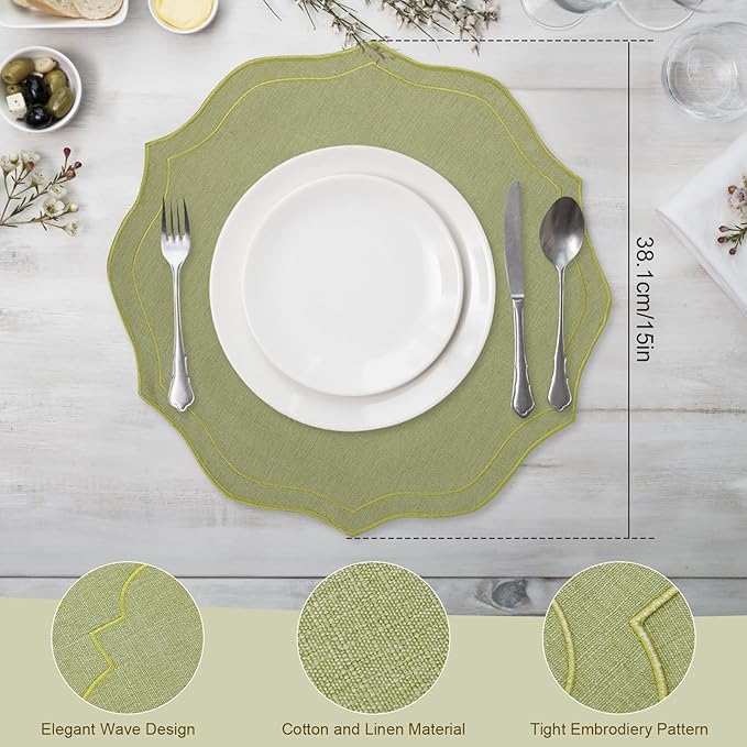 Set of 8 Cotton Linen Placemats, 15x15 Round Scalloped Cloth Table Mats, Embroidery Machine Washable, Wrinkle Resistance Fabric Place Mats for Wedding Summer Baby Shower Party Table Decor-Green