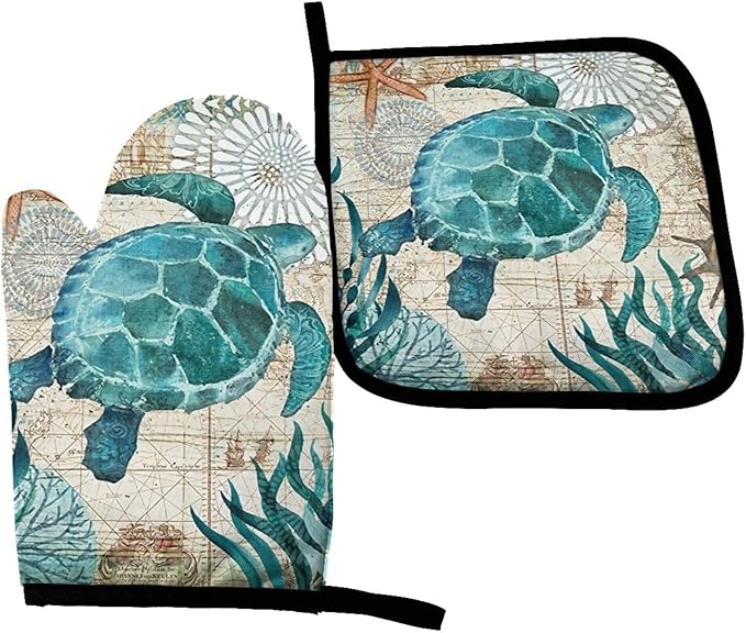 Blue Sea Turtle Oven Mitts & Pot Holders Sets Holiday Kitchen Decor Nautical Map Area Heat Resistant Non-Slip Potholders Set for Cooking Baking BBQ