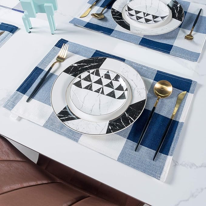 Blue Placemats Set of 4, Linen Buffalo Plaid Double Layer Spring Placemats Check Kitchen Table Mats,Waterproof Heat Resistant Durable Cloth Washable Placemats 13 x 19 Inches