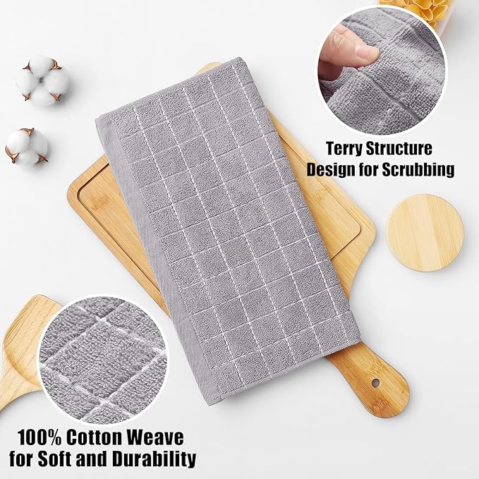 Homaxy 100% Cotton Terry Kitchen Dish Cloths, Ultra Soft and Absorbent Dish Towels for Kitchen, Suitable for Drying and Washing Dishes, 8 Pack, 12 x 12 Inches, Light Grey