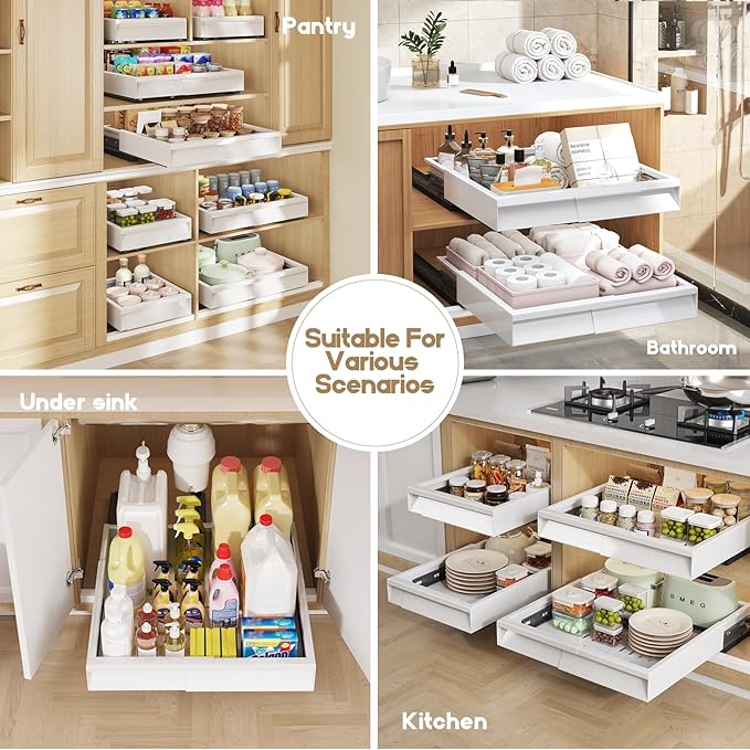 Seinloes 2 Pack Pull Out Cabinet Organizer With Raising Pad for Framed Cabinets,Expandable Width (11"-16") and Depth (13"-17"),3 Slide Rails Slide Out Drawers with Handle,No-Drill Roll Out Shelf,White