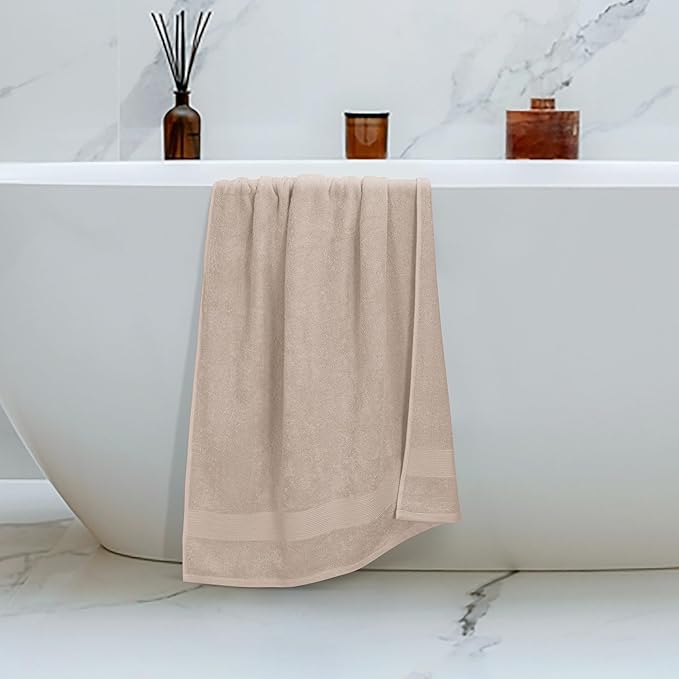 Belizzi Home 4 Pack Bath Towel Set 27x54, 100% Ring Spun Cotton, Ultra Soft Highly Absorbent Machine Washable Hotel Spa Quality Bath Towels for Bathroom, 4 Bath Towels Tan