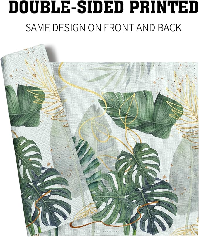 Palm Leaves Tropical Placemats Set of 4,12x18 Inch Boho Green Leaf Botanical Decor Seasonal Tablemat Non-Slip Washable Tabletop Mat for Indoor Outdoor Kitchen Dining Table
