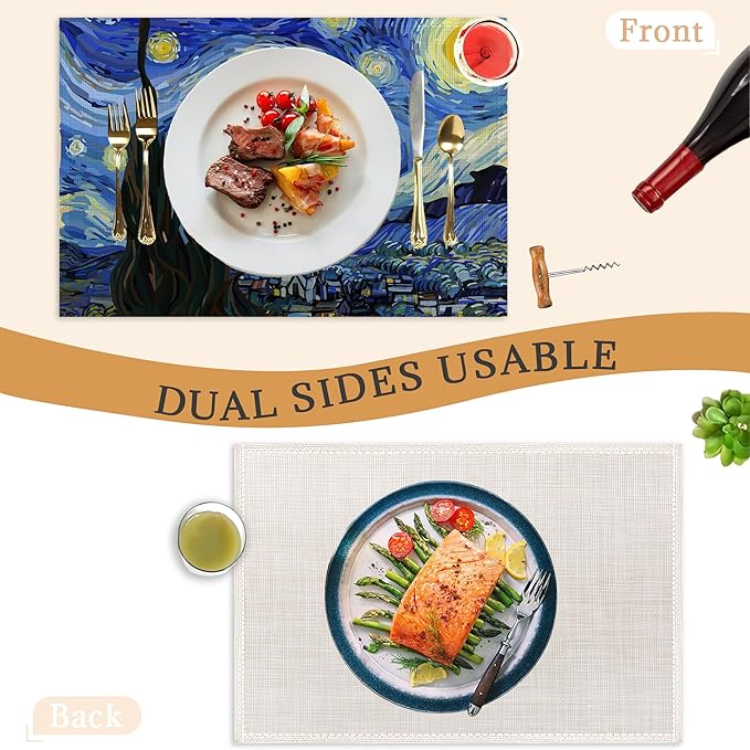 Starry Night Placemats Set of 6,Washable Heat Resistant 12×18 Inch Linen Table Mats,Place Mats for Party Outdoor Dining Décor