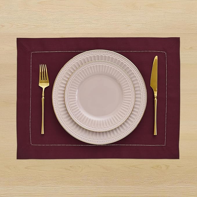 Solino Home Wine Placemats Set of 4 - Cotton Linen Hemstitch Placemats 14 x 19 Inch for Mothers Day