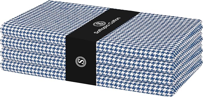 Napkins 100% Cotton Set of 4 Decorative Cloth Napkin Washable Houndstooth Check Dinner Napkins for Holiday, Dinner, Wedding, Baby Shower & Dining - Ink Blue (18”X18”)