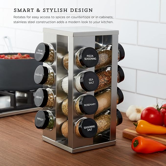 Kamenstein 16 Jar Heritage Revolving Countertop Spice Rack Organizer with Spices Included, FREE Spice Refills for 5 years, Brushed Stainless Steel with Black Caps | Revolving, Organizer, with Spices Included, with Black Caps