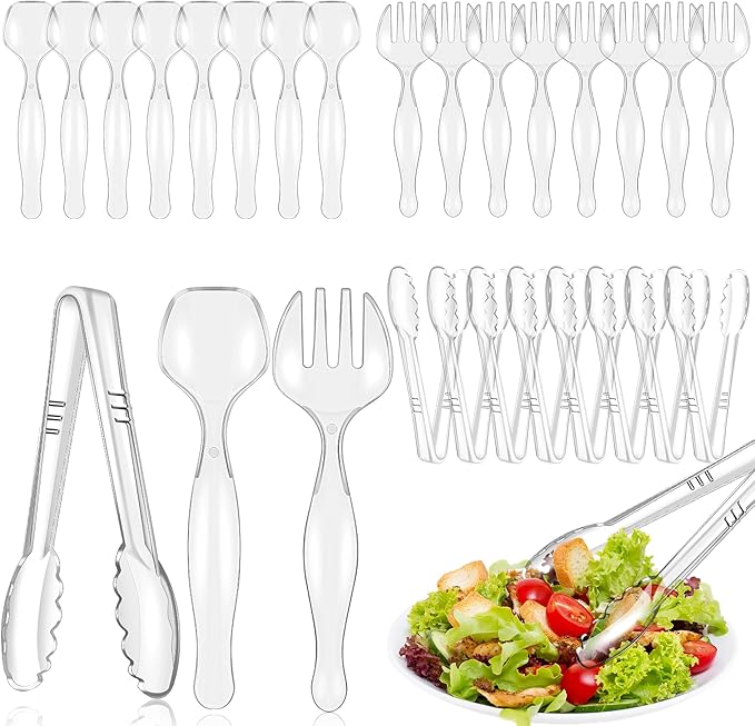 Mwellewm 24Pcs Plastic Serving Utensils Disposable Serving Spoons for Buffet Clear Forks Serving Tongs 8.5''Heavy Duty Large Party Utensils Supplies for Restaurant Food Dinner Salad Noodles Soup