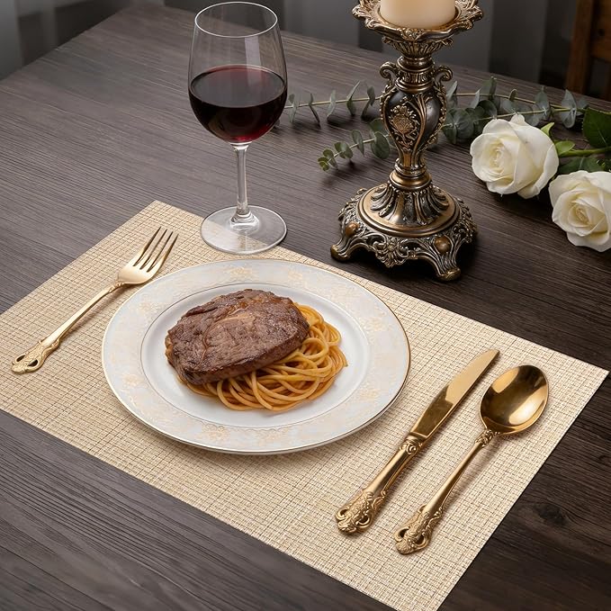 Timeet Placemats Set of 6, Heat Resistant Non-Slip Place Mats for Dining Table, Durable Washable PVC Vinyl Woven Table Mats, Linen Textured Placemats for Kitchen Resistant Easy to Clean(Beige