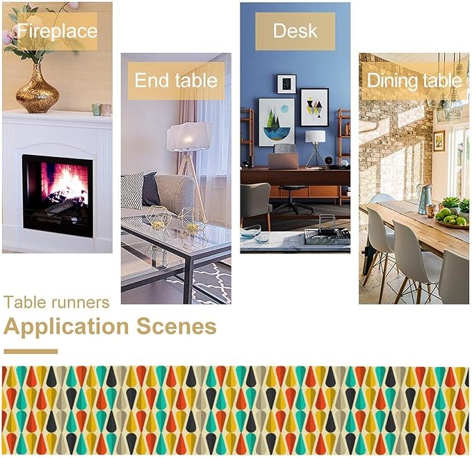 Mid Century Table Runners Retro 50s 60s Abstract Geometric for Dining Room Dinner Runner Kitchen Indoor Outdoor Patio Party Decor Fabric 1 Panel W13xL70in