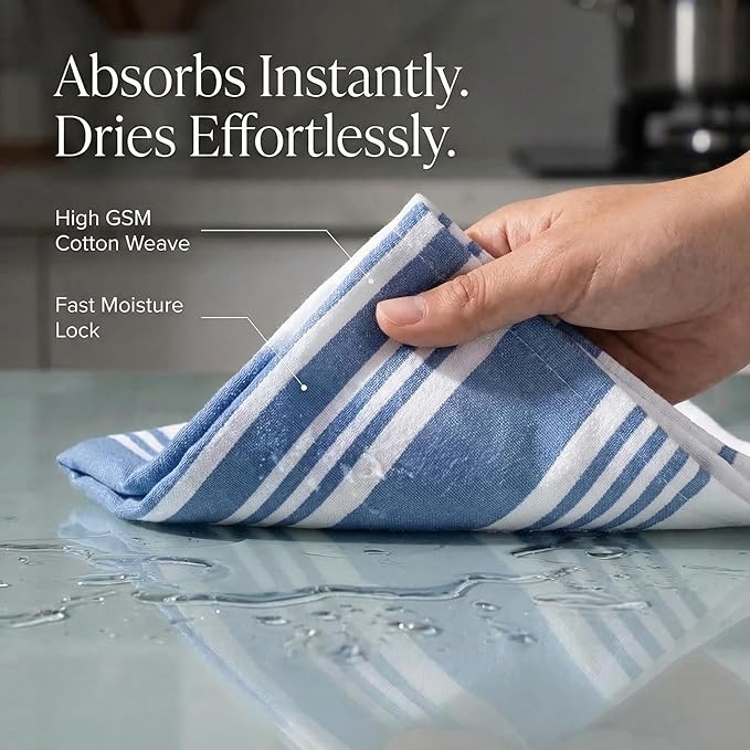 Urban Villa Kitchen Towels Blue White Striped 100% Cotton Set of 6, 20x30 Inch Oversized Dish Cloths, Highly Absorbent, Mitered Corners & Hanging Loop, Hand & Tea Towels, Dish Towels