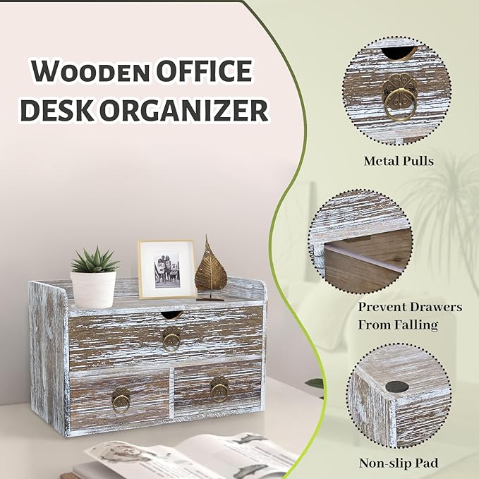 Wood Desk Organizer with Drawer, Washed Brown Wooden Desktop Organizer, Tabletop Storage Organization Box for Countertop, Home Office Supplies (3 Drawer and Shelf)