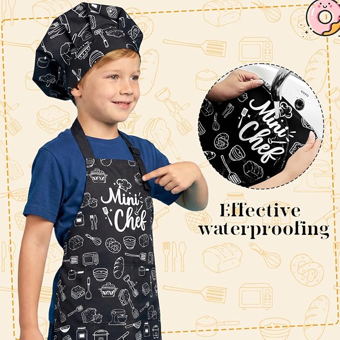 Kids Apron and Chef Hat Set, Funny Apron with 2 Pockets, Adjustable Kids Aprons for Cooking for Boys and Girls