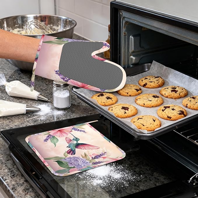 Hummingbird Heat-Resistant Silicone Oven Mitts and Pot Holders 4 Piece Set,Pink Flower Extra Long Non-Slip Kitchen Oven Gloves for Cooking, Baking, BBQ,Grilling