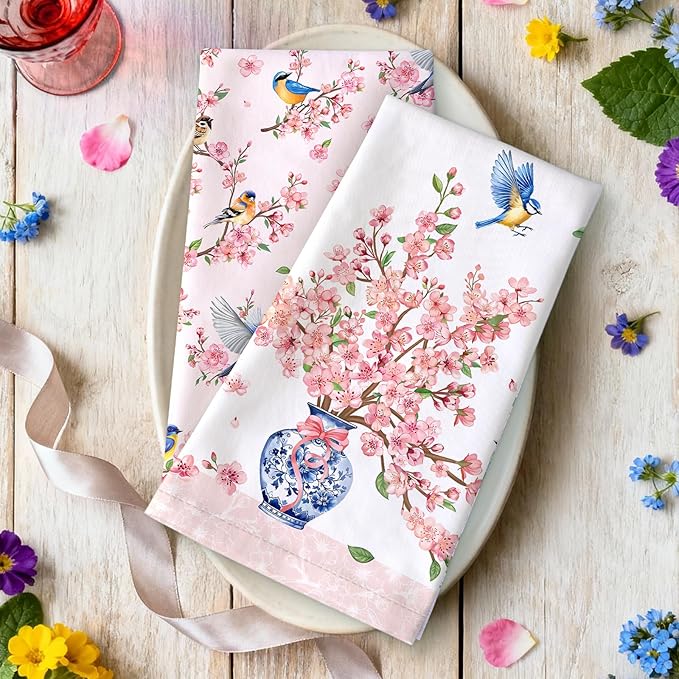 Pink Flower Blossom Tea Towels 100% Cotton Quick Dry Kitchen Towels, 18.9 x 27.5'' Absorbent Dish Cloth for Kitchen Home Decor, Housewarming, Birthday Gifts for Mom, Set of 4