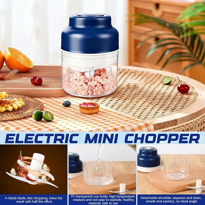 Electric Garlic Chopper,Upgrade Electric Mini Garlic Chopper Set,New Small Garlics Choppers Mincer,USB Rechargeable,Wireless Veggie Grinder,for Mashing Onion,Garlic,Chili,Ginger(Blue,250ML)