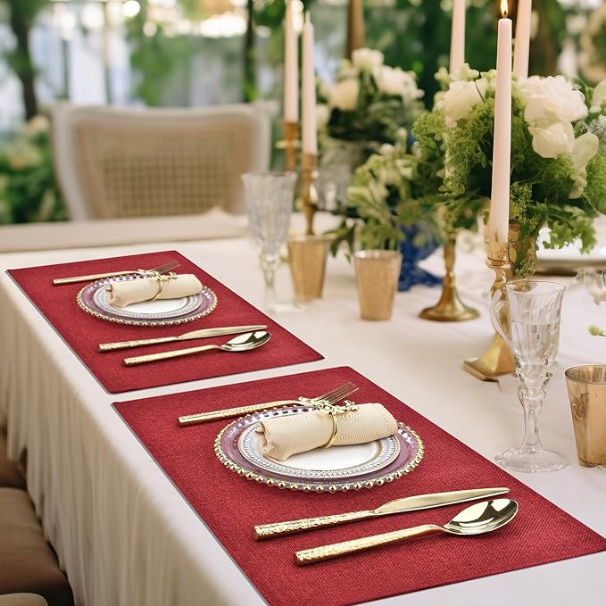 SLKQG Christmas Linen Fabric Placemats Set of 8 - Holiday Dining Table Mats for Festive Decor, Heat Resistant & Machine Washable, Place Mats for Dinner Parties, Xmas Gift for Home (8, Wine Red)