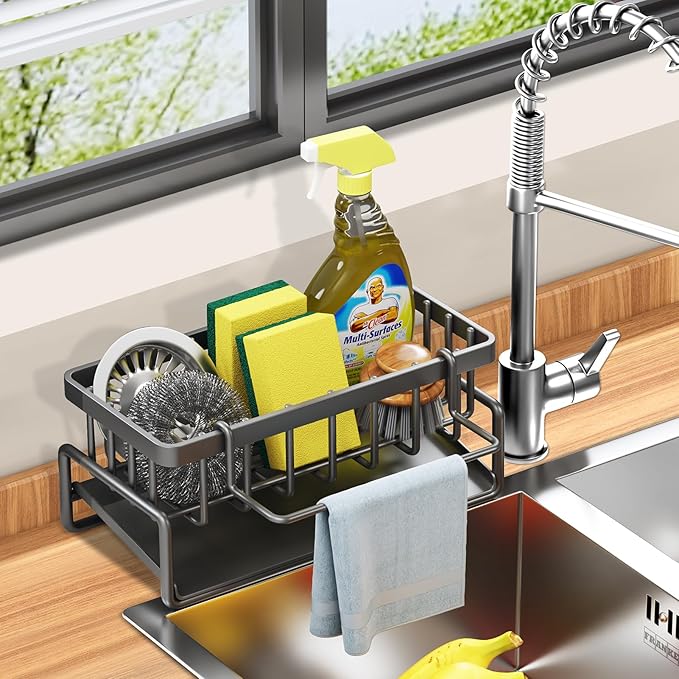 Sponge Holder for Kitchen Sink, Self-Drainage Kitchen Sink Caddy, Rustproof Steel Dish Sponge Organizer with Removable Dishcloth Rack, Soap Dispenser Brush Holder Storage for Bathroom, Black