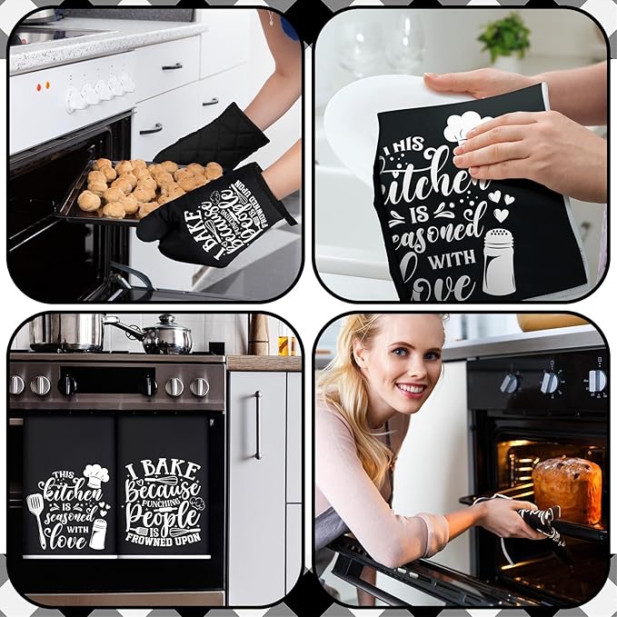 Sratte 6 Pcs Kitchen Decor Accessories Set Farmhouse Towels Pot Holders Oven Mitts Set 2 Dish Towels 2 Potholders 2 Cooking Mittens Oven Glove for Christmas Baking Cooking Supply(Black,Baking)
