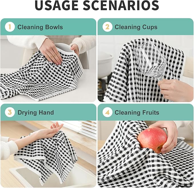 SALAS Cotton Dish Towels Cloths for Kitchen Drying Dishes, Lattice Terry Kitchen Towels, Highly Absorbent Cloths with Hanging Loop, 16‘’ x 26‘’, 4 Packs, Black and White