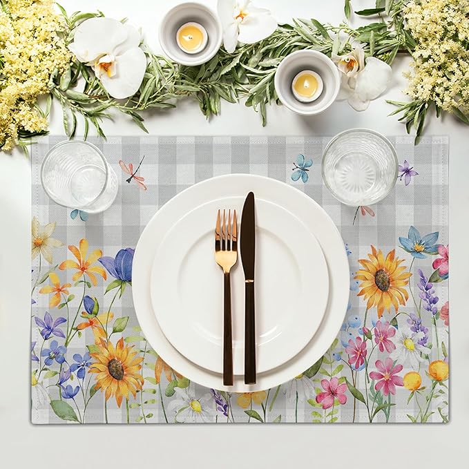 Giwawa Spring Floral Placemats, 12"x18" Summer Flowers Grey Checkered Linen Table Mats Set of 4, Watercolor Wildflower Butterfly Washable Heat Resistance for Seasonal Kitchen Dining Decor
