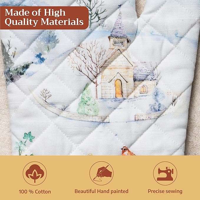 Maison d' Hermine Oven Gloves 100% Cotton Oven Mitt 7" x 13" with Loop Heat Resistant BBQ Cooking Gloves for Thanksgiving Christmas Decorations Baking Handling Hot Pans (Pack of 1, Snowy World)