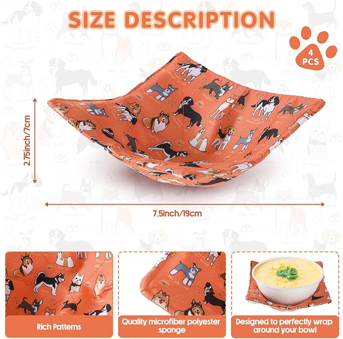 Cunhill 4 Pcs Cotton Microwave Bowl Cozy Holders for Hot Food Hot Pads Soup Bowl Potholders Heat Resistant Multipurpose Quilted Safe Holders for Kitchen Plate Supply(Orange,Dog Style)