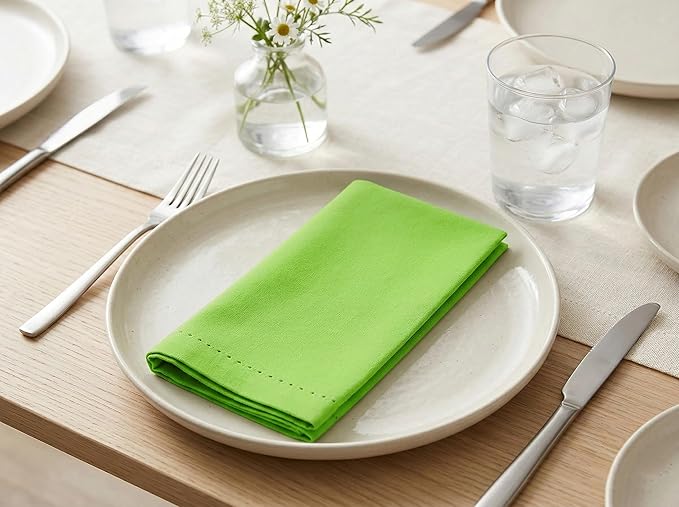 PurpleEssences Set of 12 Hemstitch Cloth Dinner Napkins 100% Cotton - Soft Durable Washable - Ideal for Wedding Spring Easter Summer - Perfect Everyday Use Table Linen 18x18 - Apple Green