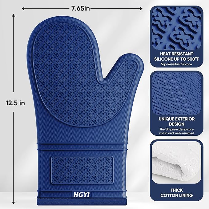Silicone Oven Mitts, Heat Resistant Oven Gloves with Quilted Liner, Waterproof & Non-Slip Kitchen Mittens for Baking Cooking BBQ, 500°F, 12.5"-Madnight Blue
