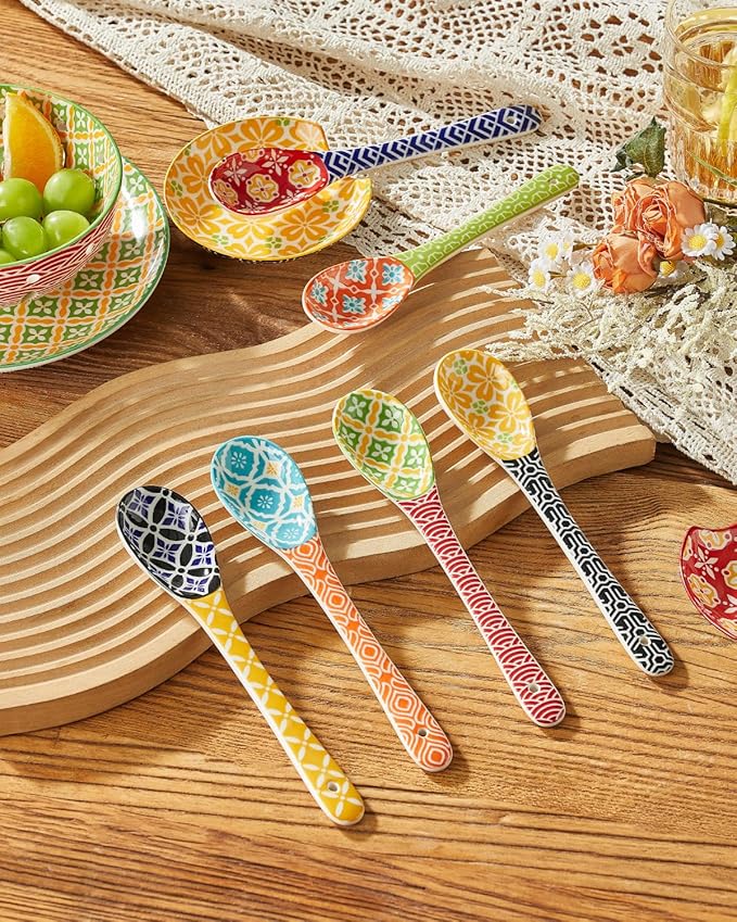 Metahom Long Handle Spoons, 8.5" Ceramic Serving Spoon for Cereal, Soups, Stews, Ice Cream, Colorful Decorative Spoons, Dishwasher & Microwave Safe, Assorted Colors, Set of 6