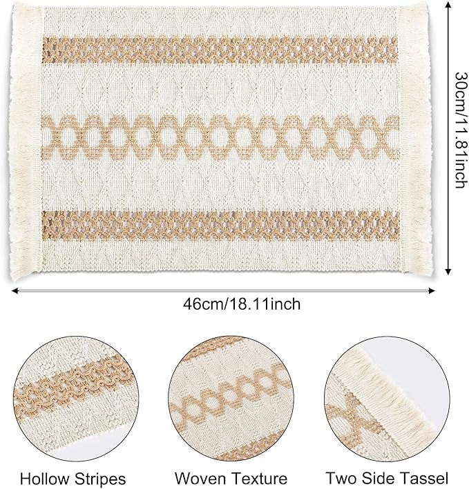 Boho Placemats Set of 6, Macrame Place Mats in Natural Cotton Burlap, Farmhouse Style Dining Table Mats for Indoors & Outdoors, Rustic Kitchen Home Decor