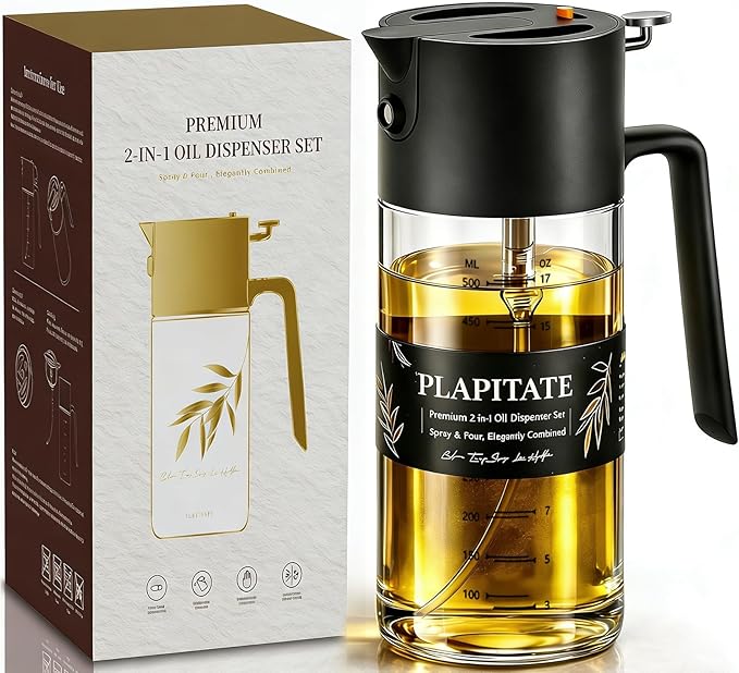 PLAPITATE 17oz/500ml Premium Olive Oil Sprayer for Cooking, 2 in 1 Glass Olive Oil Dispenser Bottle for Kitchen Gadgets, Spray Bottle with Portion Control for Salad, Frying, BBQ (Black)