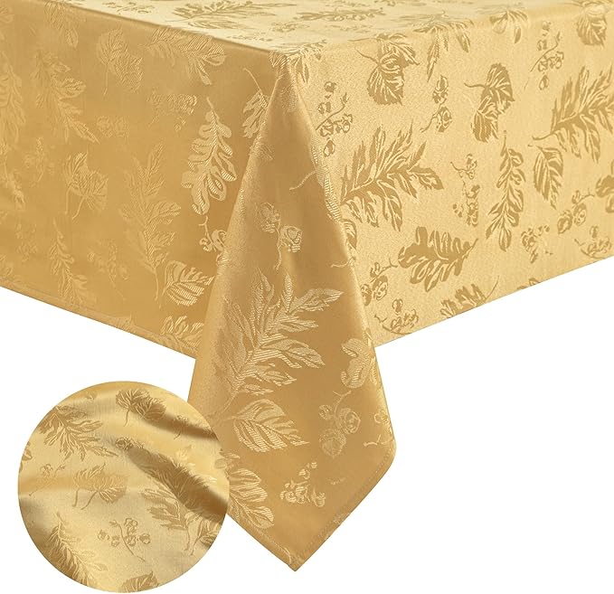 Elrene Home Fashions Elegant Woven Leaves Jacquard Damask Wrinkle Resistant Tablecloth, 60" x 102", Oblong, Gold