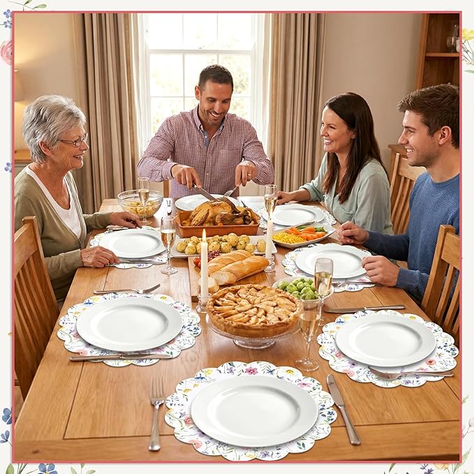 60Pcs Spring Flower Paper Placemats, 13.5 Inch Disposable Floral Placemat Round Wildflower Butterfly Place Mats Scalloped Table Mat for Mother's Day Wedding Banquet Baby Shower Bridal Shower Tea Party