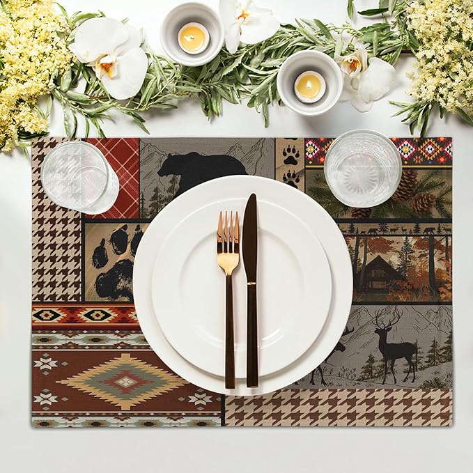 Rustic Lodge Bear Deer Placemats Set of 4, 12x18 Inch Vintage Cabin Pine Cone Wild Animal Place Mats Boho Style Country Heat Resistant Table Mats for Holiday Party Kitchen Dining Table