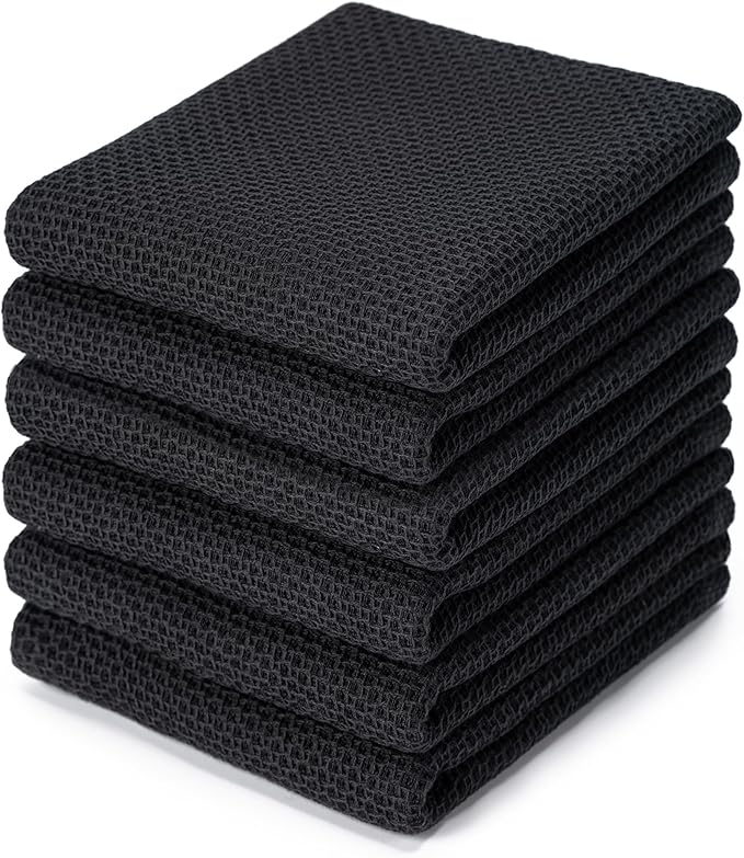 BOOMIBOO 6-Pack Kitchen Dish Cloths, 100% Cotton Waffle Weave, Ultra Soft Absorbent, Quick Drying Dish Towels, 13x28 Inches,Black