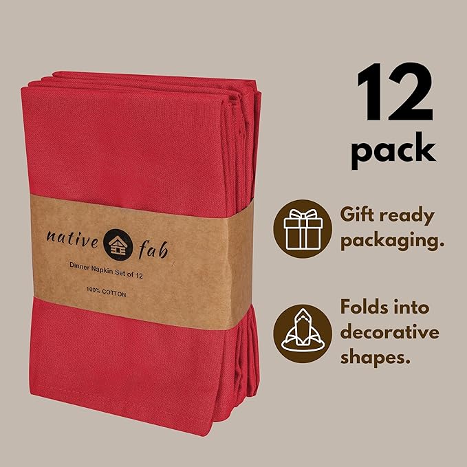 Native Fab Cloth Napkin Set of 12, 100% Cotton, Washable, Reusable Dinner Cloth Napkin 17x17 inches, Table Decor Napkins for Dinner, Events, Red