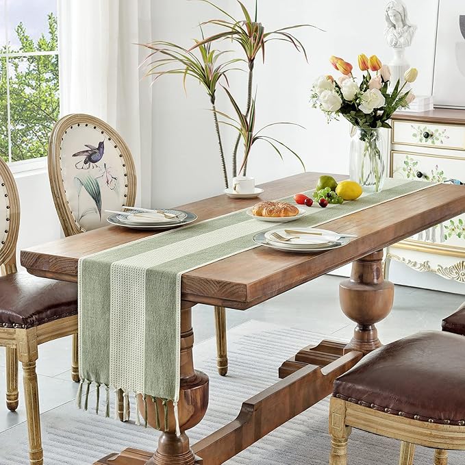 Wracra Linen Table Runner, Farmhouse Macrame Table Runners 90 Inches Long for Dining Table Decor, Wedding, Party and Dresser Decor (Sage Green,90")