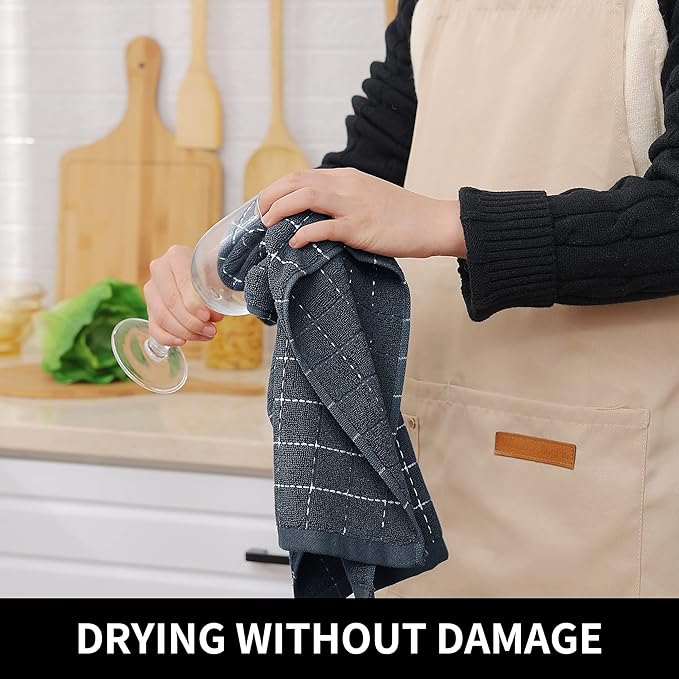 Homaxy 100% Cotton Terry Kitchen Towels(Dark Grey, 13 x 28 inches), Checkered Designed, Soft and Super Absorbent Dish Towels, 2 Pack