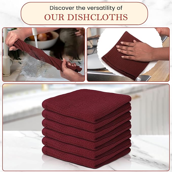 Vintage Vista 100% Cotton Waffle Dish Cloths (Pack of 6) - Dish Rags for Washing Dishes - Reusable & Highly Absorbent Kitchen Towels - Kitchen Rags fo Easter - (12" x 12" - Maroon)